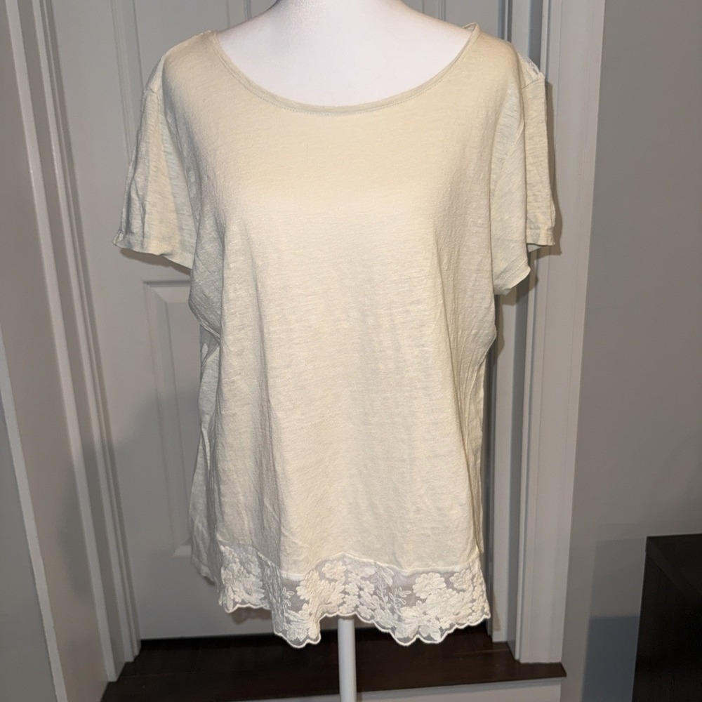 SUNDANCE Ivory Linen Knit Lace Back Short Sleeve Top Size Large Boho Beauty